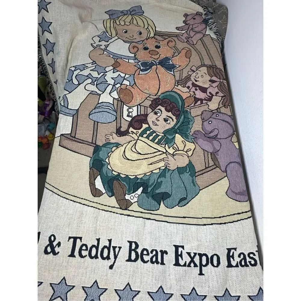 Vtg Woven Tapestry Throw Blanket Cotton Doll & Teddy Bear Expo East’98 *Notes